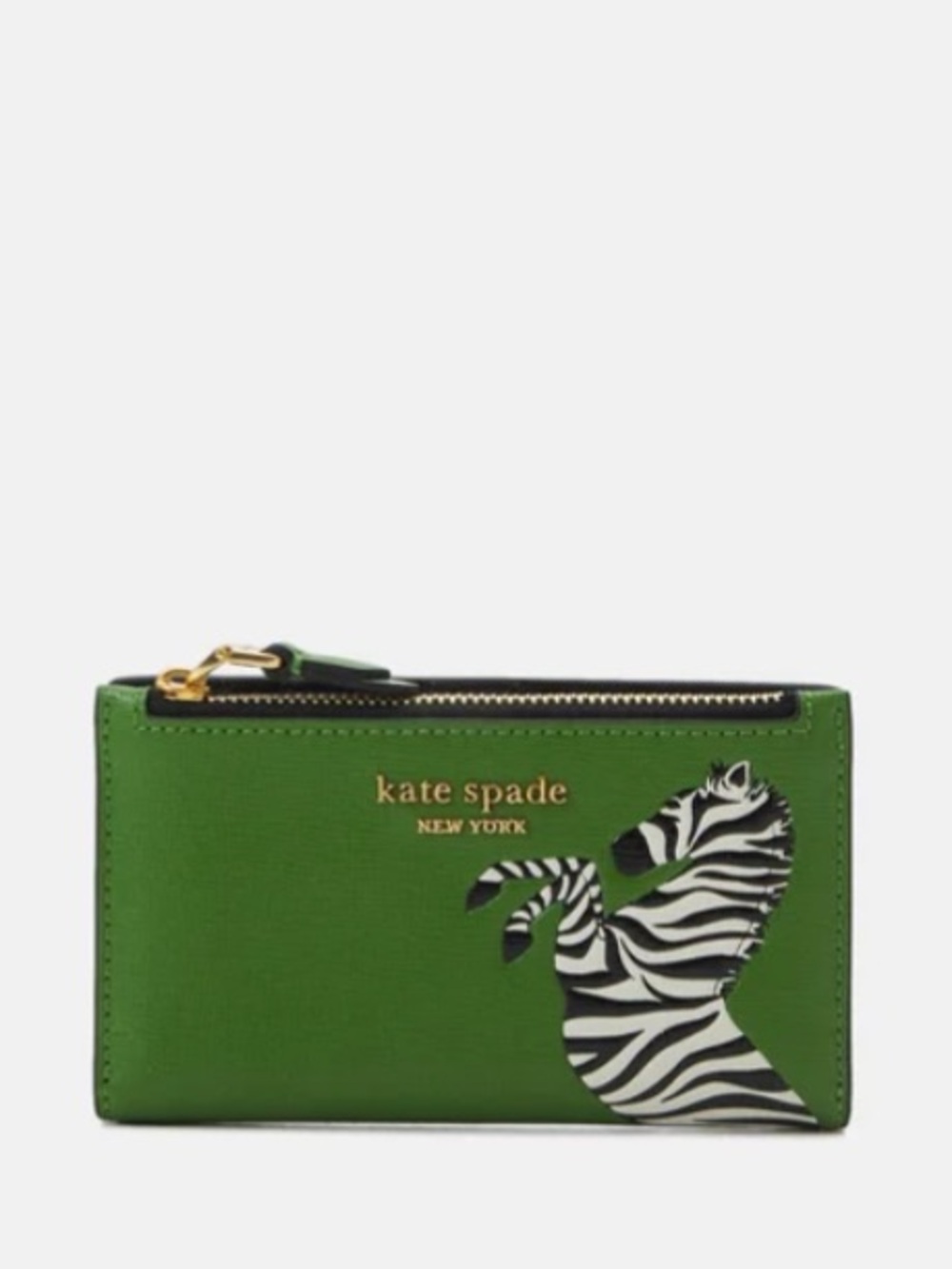 kate spade green zebra print leather zip wallet with gold logo